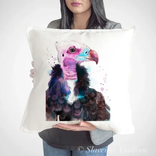 White-headed Vulture Art Pillow Cover, Watercolor Cushion 50 × 50 cm White-headed Vulture watercolor painting printed on a 50 x 50 cm cotton art pillow cover by Slaveika Aladjova