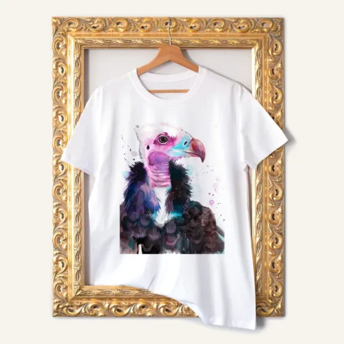White-headed Vulture T-Shirt, Watercolor Art Tee White-headed Vulture watercolor painting printed on a white cotton T-shirt by Slaveika Aladjova