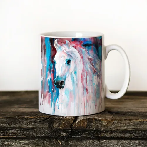 White Horse Art Mug, Watercolor Ceramic Mug 11 oz White Horse watercolor painting printed on an 11 oz ceramic art mug by Slaveika Aladjova