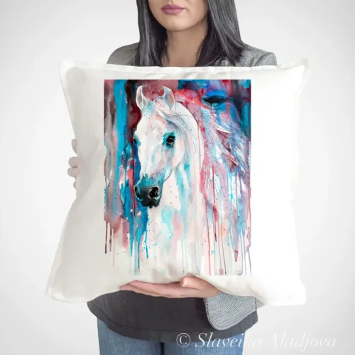 White Horse Art Pillow Cover, Watercolor Cushion 50 × 50 cm White Horse watercolor painting printed on a 50 x 50 cm cotton art pillow cover by Slaveika Aladjova