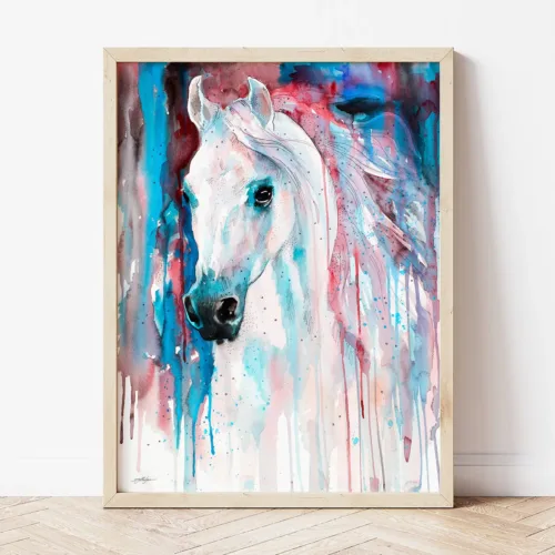 White Horse watercolor painting the artwork on the T-shirt by Slaveika Aladjova