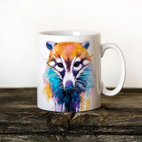 White-nosed Coati watercolor painting printed on an 11 oz ceramic art mug by Slaveika Aladjova