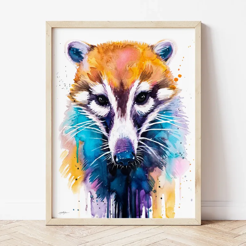 White-nosed Coati watercolor painting the artwork on the T-shirt by Slaveika Aladjova