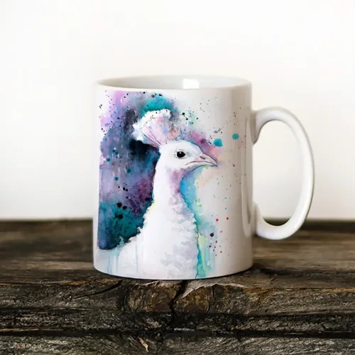 White Peacock watercolor painting printed on an 11 oz ceramic art mug by Slaveika Aladjova