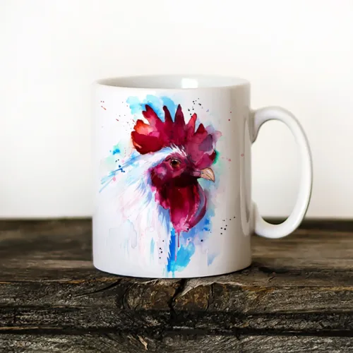 White Rooster watercolor painting printed on an 11 oz ceramic art mug by Slaveika Aladjova
