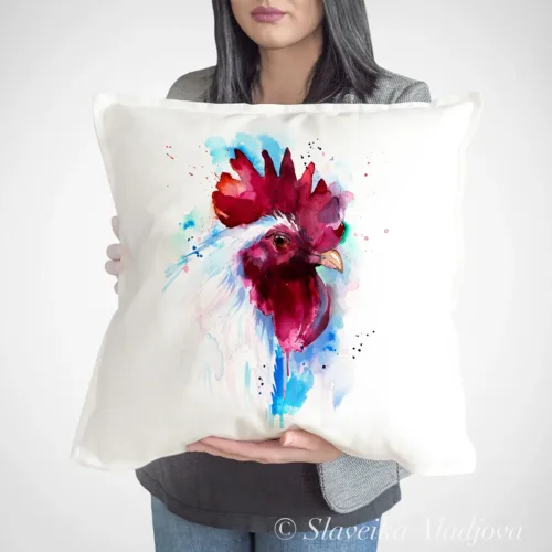White Rooster Art Pillow Cover, Watercolor Cushion 50 × 50 cm White Rooster watercolor painting printed on a 50 x 50 cm cotton art pillow cover by Slaveika Aladjova