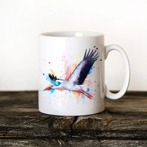 White Stork Art Mug, Watercolor Ceramic Mug 11 oz White Stork watercolor painting printed on an 11 oz ceramic art mug by Slaveika Aladjova
