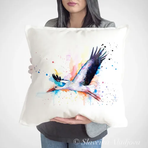 White Stork Art Pillow Cover, Watercolor Cushion 50 × 50 cm White Stork watercolor painting printed on a 50 x 50 cm cotton art pillow cover by Slaveika Aladjova
