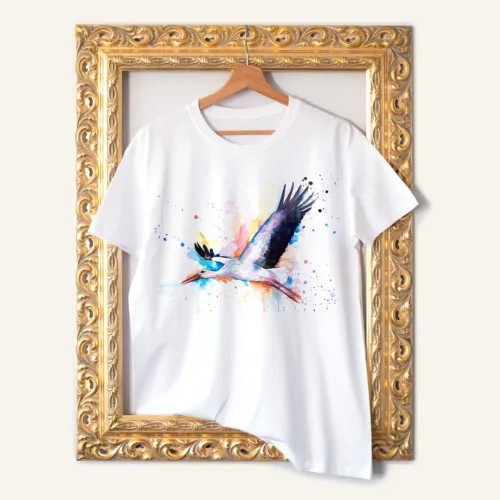 White Stork T-Shirt, Watercolor Art Tee White Stork watercolor painting printed on a white cotton T-shirt by Slaveika Aladjova