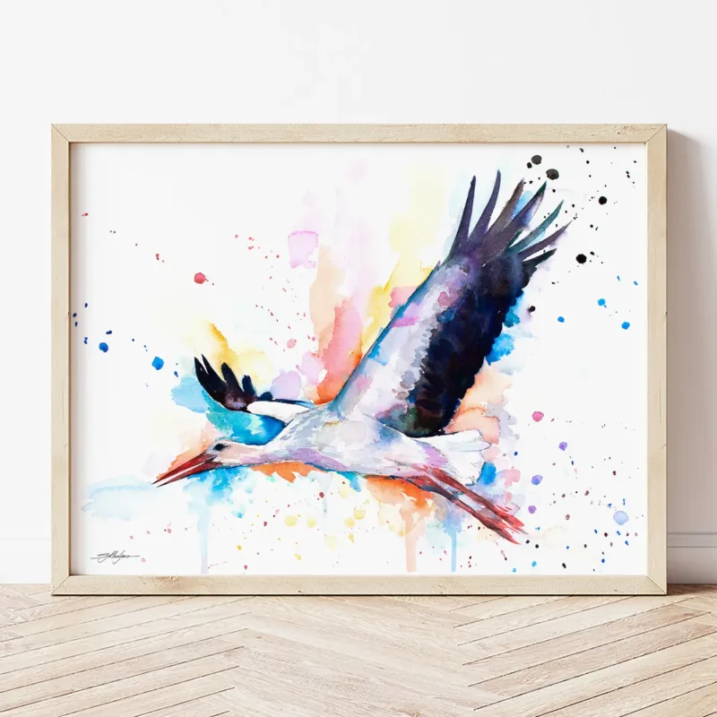 White Stork watercolor painting the artwork on the T-shirt by Slaveika Aladjova