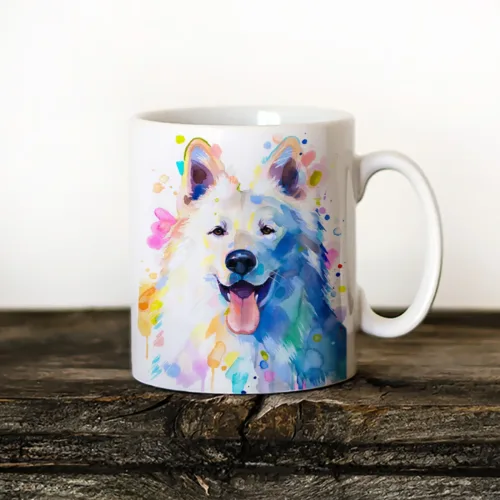 White Swiss Shepherd watercolor painting printed on an 11 oz ceramic art mug by Slaveika Aladjova