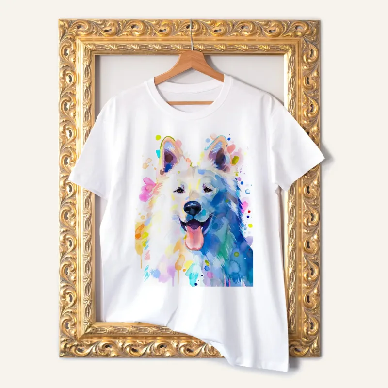 White Swiss Shepherd watercolor painting printed on a white cotton T-shirt by Slaveika Aladjova