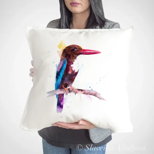 White-throated Kingfisher Art Pillow Cover, Watercolor Cushion 50 × 50 cm White-throated Kingfisher watercolor painting printed on a 50 x 50 cm cotton art pillow cover by Slaveika Aladjova