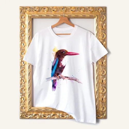 White-throated Kingfisher T-Shirt, Watercolor Art Tee White-throated Kingfisher watercolor painting printed on a white cotton T-shirt by Slaveika Aladjova