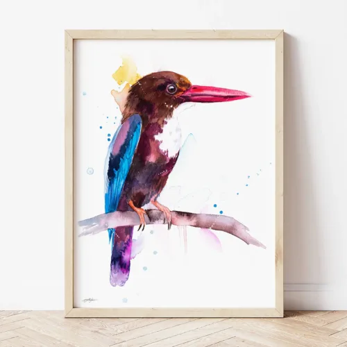 White-throated Kingfisher watercolor painting the artwork on the T-shirt by Slaveika Aladjova