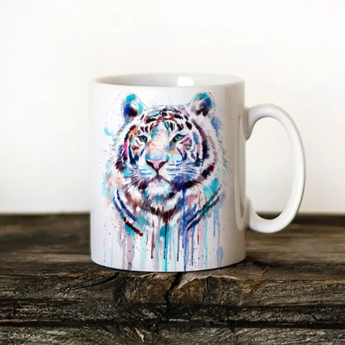 White Tiger Art Mug, Watercolor Ceramic Mug 11 oz White Tiger watercolor painting printed on an 11 oz ceramic art mug by Slaveika Aladjova