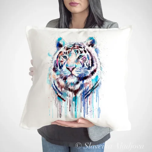 White Tiger watercolor painting printed on a 50 x 50 cm cotton art pillow cover by Slaveika Aladjova