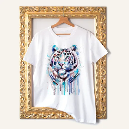 White Tiger T-Shirt, Watercolor Art Tee White Tiger watercolor painting printed on a white cotton T-shirt by Slaveika Aladjova
