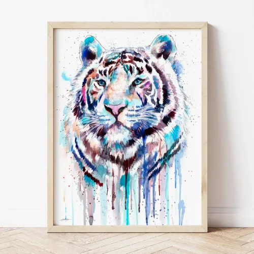 White Tiger watercolor painting the artwork on the T-shirt by Slaveika Aladjova