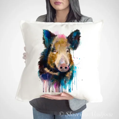 Wild Boar Art Pillow Cover, Watercolor Cushion 50 × 50 cm Wild Boar watercolor painting printed on a 50 x 50 cm cotton art pillow cover by Slaveika Aladjova