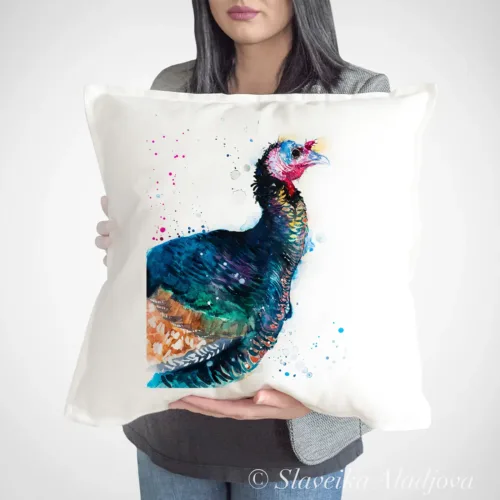 Wild Turkey Art Pillow Cover, Watercolor Cushion 50 × 50 cm Wild Turkey watercolor painting printed on a 50 x 50 cm cotton art pillow cover by Slaveika Aladjova