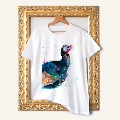 Wild Turkey T-Shirt, Watercolor Art Tee Wild Turkey watercolor painting printed on a white cotton T-shirt by Slaveika Aladjova