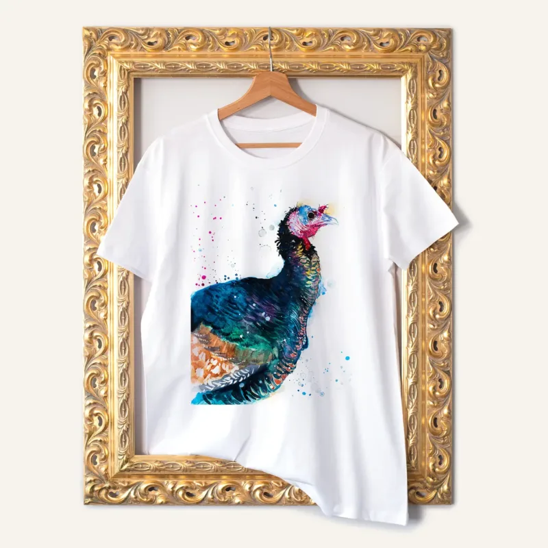 Wild Turkey watercolor painting printed on a white cotton T-shirt by Slaveika Aladjova