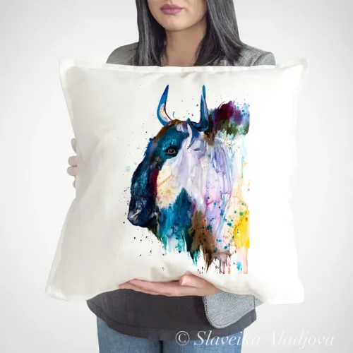 Wildebeest Art Pillow Cover, Watercolor Cushion 50 × 50 cm Wildebeest watercolor painting printed on a 50 x 50 cm cotton art pillow cover by Slaveika Aladjova