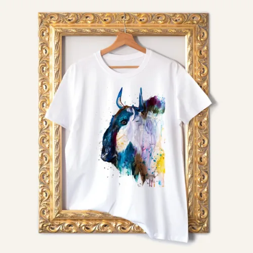Wildebeest T-Shirt, Watercolor Art Tee Wildebeest watercolor painting printed on a white cotton T-shirt by Slaveika Aladjova