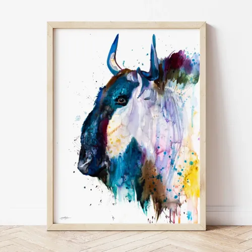 Wildebeest watercolor painting the artwork on the T-shirt by Slaveika Aladjova