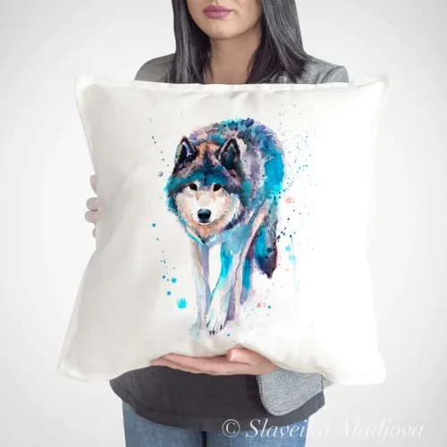 Wolf Art Pillow Cover, Watercolor Cushion 50 × 50 cm Wolf watercolor painting printed on a 50 x 50 cm cotton art pillow cover by Slaveika Aladjova