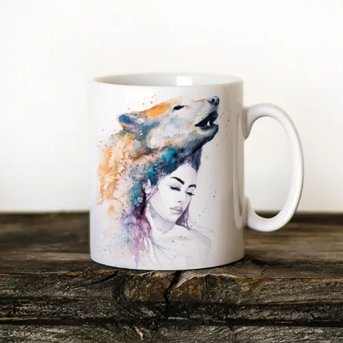 Wolf Girl watercolor painting printed on an 11 oz ceramic art mug by Slaveika Aladjova