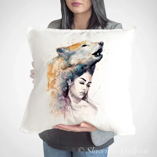Wolf Girl watercolor painting printed on a 50 x 50 cm cotton art pillow cover by Slaveika Aladjova