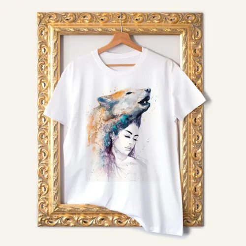 Wolf Girl watercolor painting printed on a white cotton T-shirt by Slaveika Aladjova