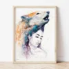 Wolf Girl watercolor painting the artwork on the T-shirt by Slaveika Aladjova