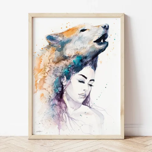 Wolf Girl watercolor painting the artwork on the T-shirt by Slaveika Aladjova