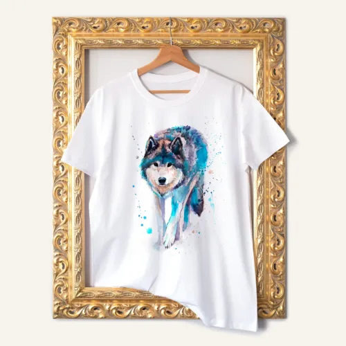 Wolf T-Shirt, Watercolor Art Tee Wolf watercolor painting printed on a white cotton T-shirt by Slaveika Aladjova