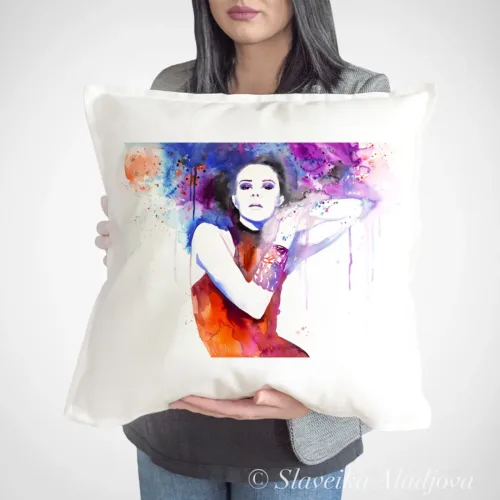Woman in Red watercolor painting printed on a 50 x 50 cm cotton art pillow cover by Slaveika Aladjova