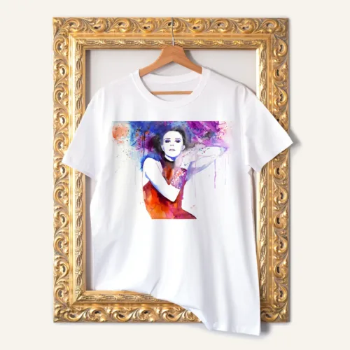 Woman in Red watercolor painting printed on a white cotton T-shirt by Slaveika Aladjova