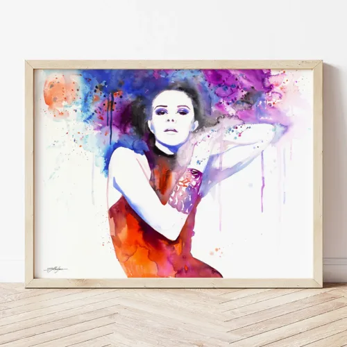 Woman in Red watercolor painting the artwork on the T-shirt by Slaveika Aladjova