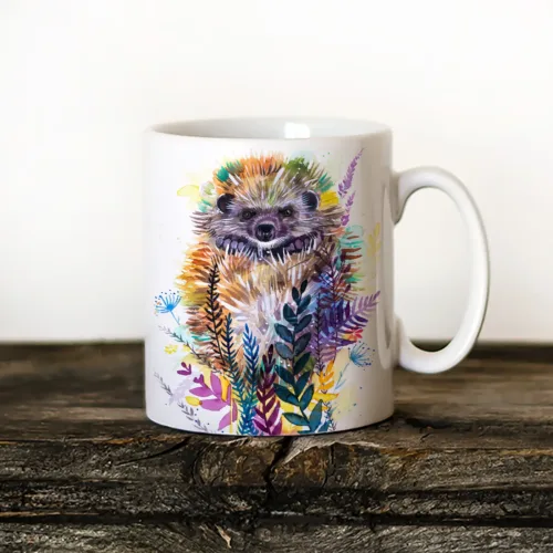Woodland Hedgehog watercolor painting printed on an 11 oz ceramic art mug by Slaveika Aladjova