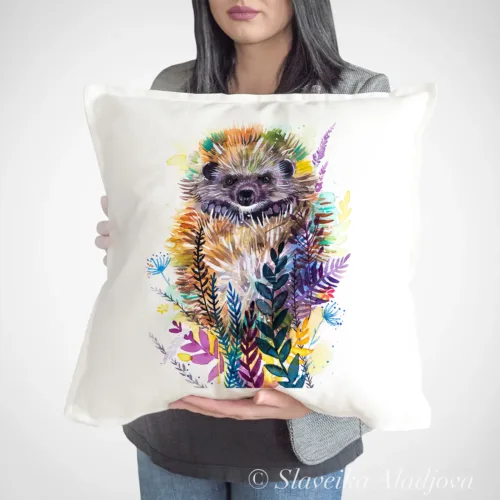 Woodland Hedgehog watercolor painting printed on a 50 x 50 cm cotton art pillow cover by Slaveika Aladjova