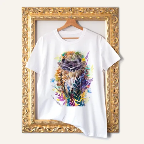 Woodland Hedgehog watercolor painting printed on a white cotton T-shirt by Slaveika Aladjova