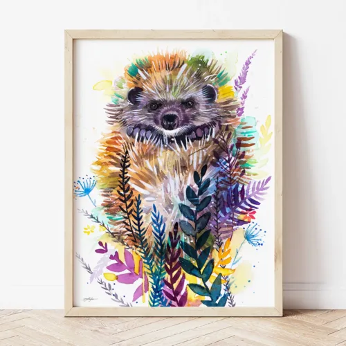 Woodland Hedgehog watercolor painting the artwork on the T-shirt by Slaveika Aladjova