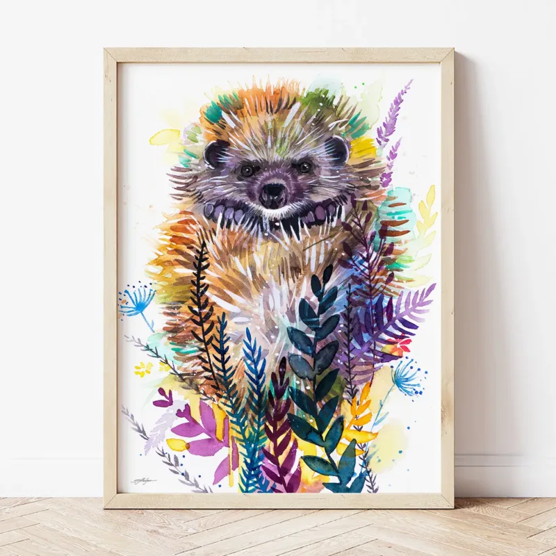 Woodland Hedgehog watercolor painting the artwork on the T-shirt by Slaveika Aladjova