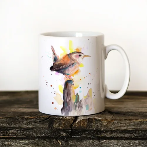 Wren Art Mug, Watercolor Ceramic Mug 11 oz Wren watercolor painting printed on an 11 oz ceramic art mug by Slaveika Aladjova