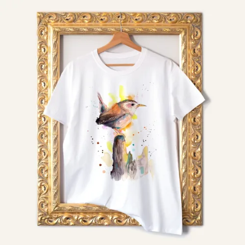 Wren watercolor painting printed on a white cotton T-shirt by Slaveika Aladjova