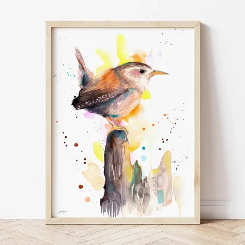 Wren watercolor painting the artwork on the T-shirt by Slaveika Aladjova