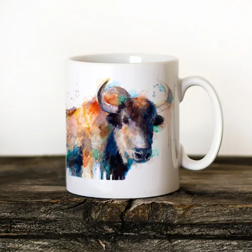 Yak watercolor painting printed on an 11 oz ceramic art mug by Slaveika Aladjova