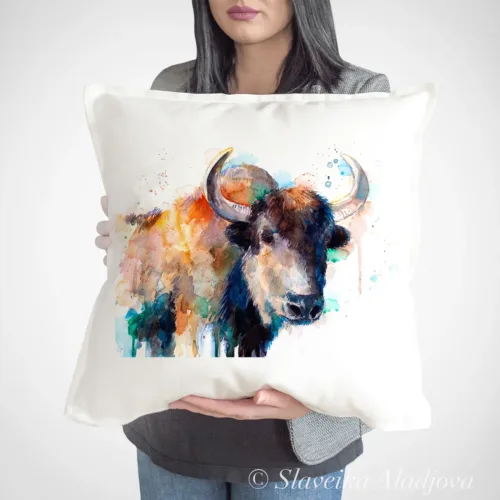 Yak watercolor painting printed on a 50 x 50 cm cotton art pillow cover by Slaveika Aladjova